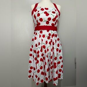 Orchid Bloom Cherry Print Rockabilly Halter Swing Dress Red White Retro Size 6